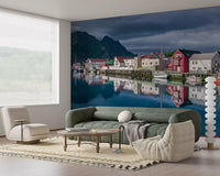 Nordic Mountain Village Waterfront Wall Mural