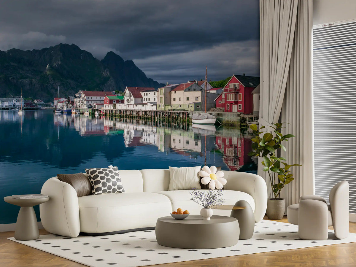 Nordic mountain village warms a calm living room wall mural GD11378