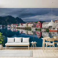 Nordic Mountain Village Waterfront Wall Mural