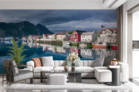 Nordic Mountain Village Waterfront Wall Mural