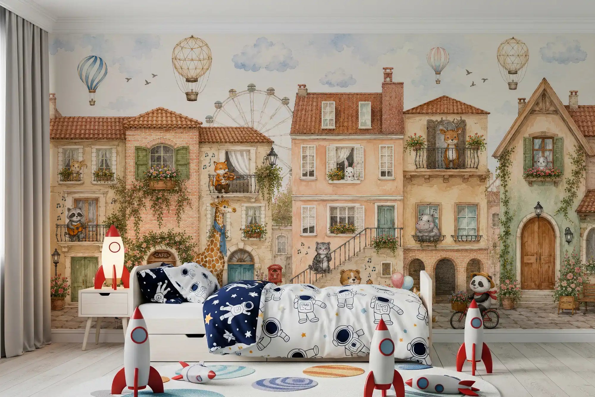 Charming animal town cheers a happy kids' room wall mural GD11381