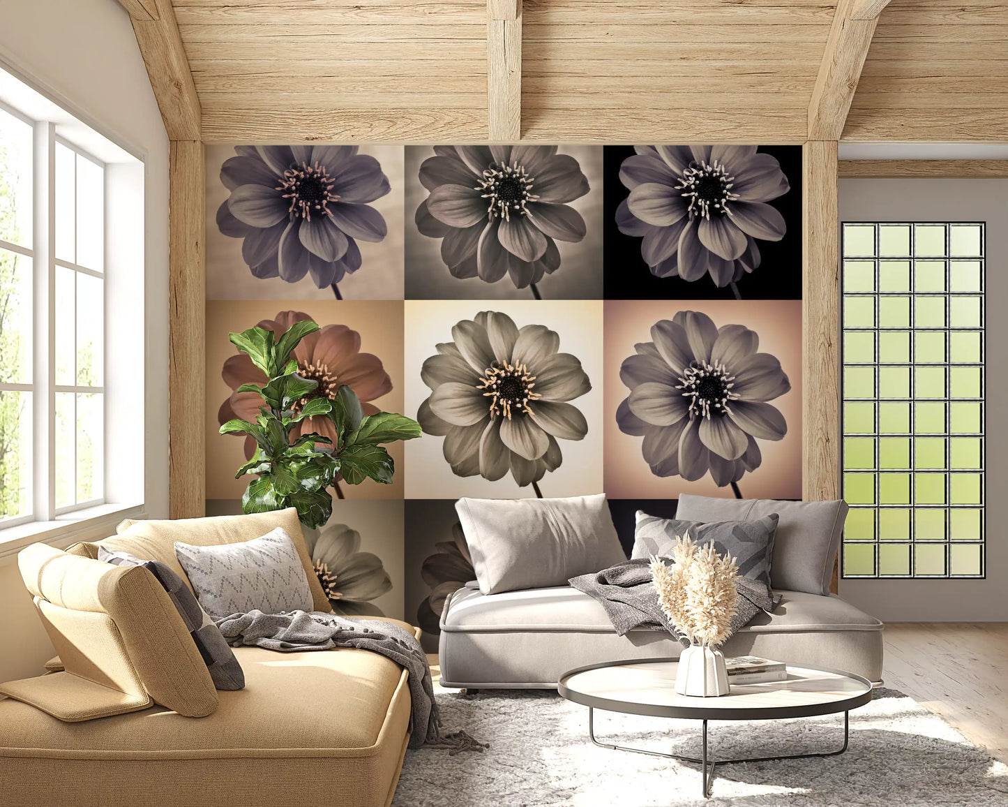 Vintage Botanical Dalia Grid Wall Mural