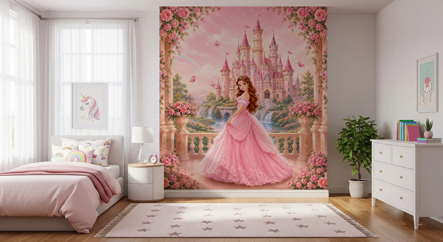 Pink Castle Princess Garden Scene Wall Mural