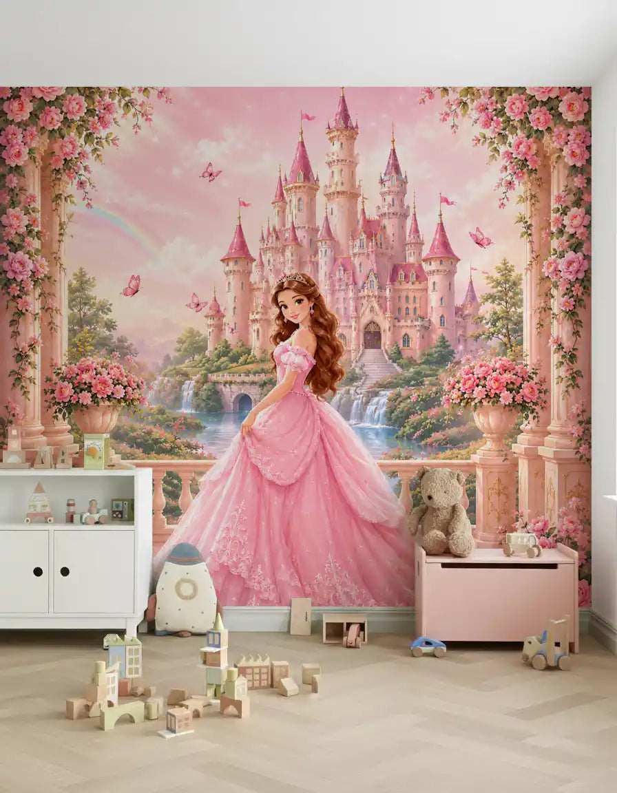 Pink Castle Princess Garden Scene Wall Mural