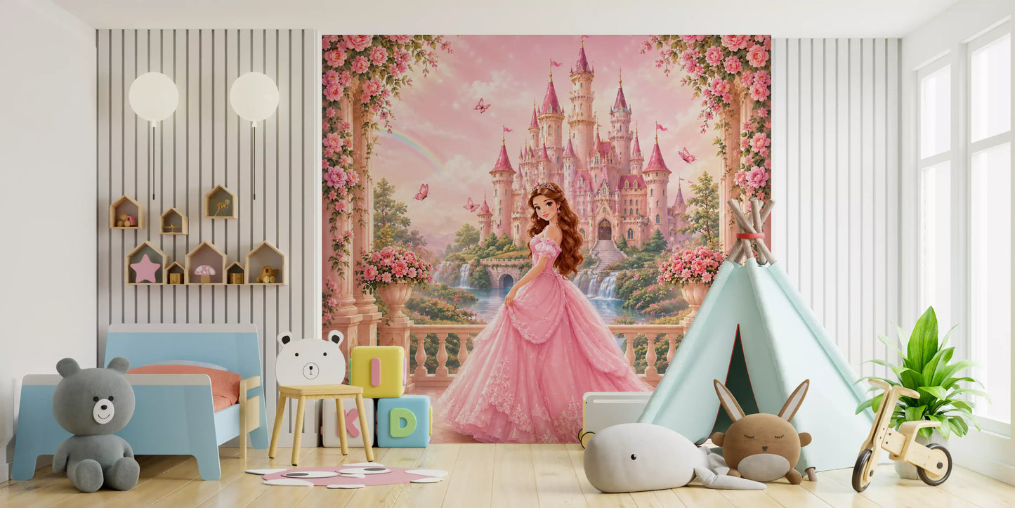 Pink Castle Princess Garden Scene Wall Mural