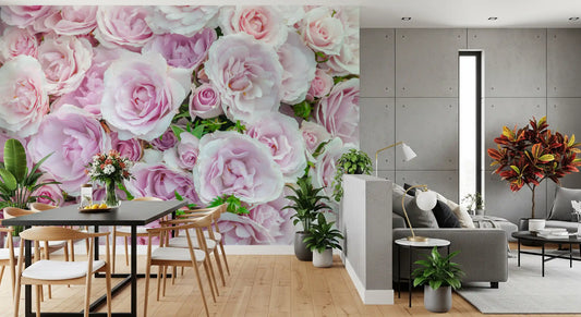 Dining room styled with the Blush Rose Garden wall mural in pink and green GD11389