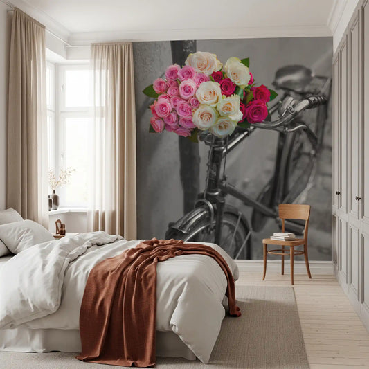 Vintage floral bike scene warms a bedroom wall mural GD11390
