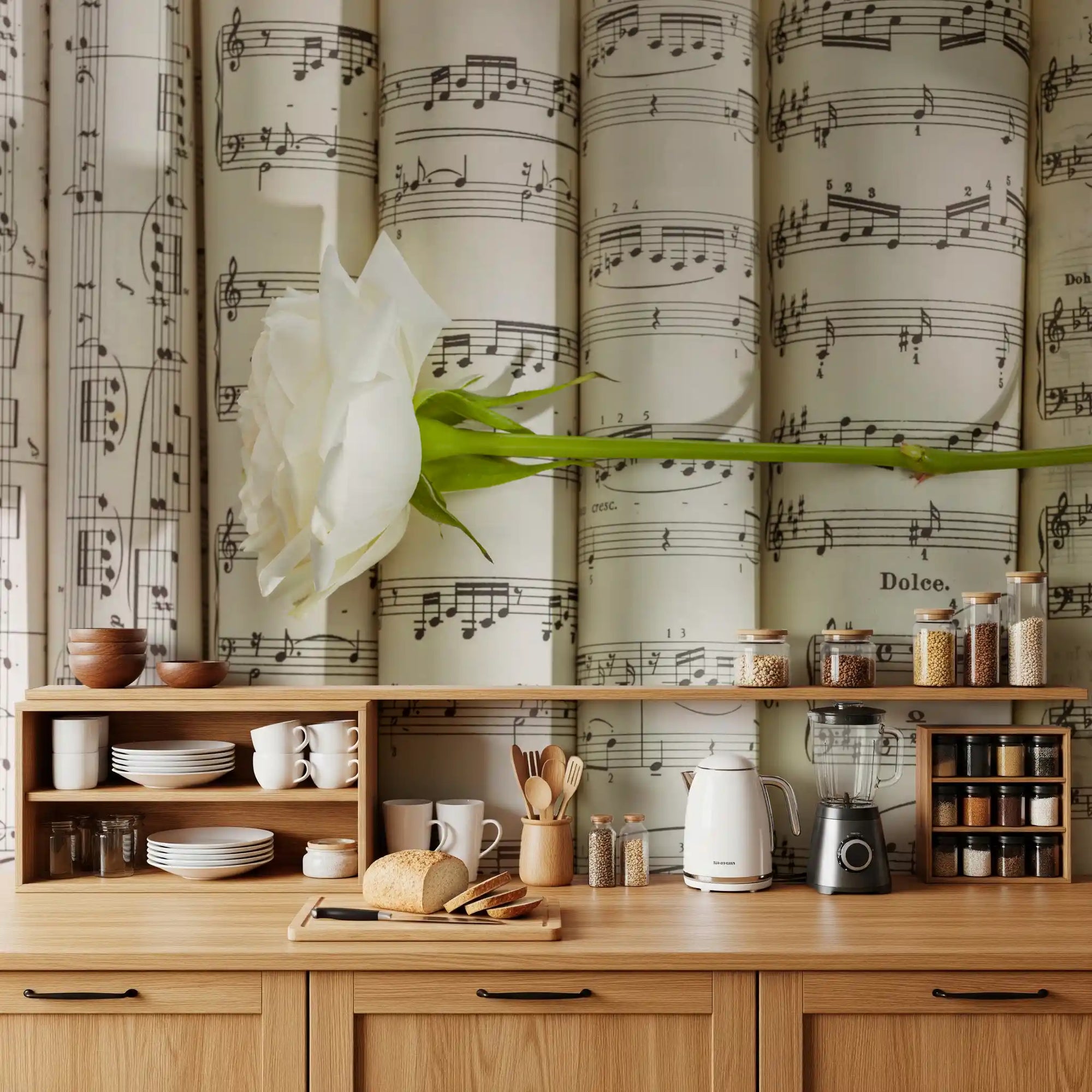 Melodic white bloom harmony warms a kitchen area wall mural GD11391