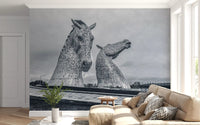Metallic Horse Heads Architectural View Wall Mural