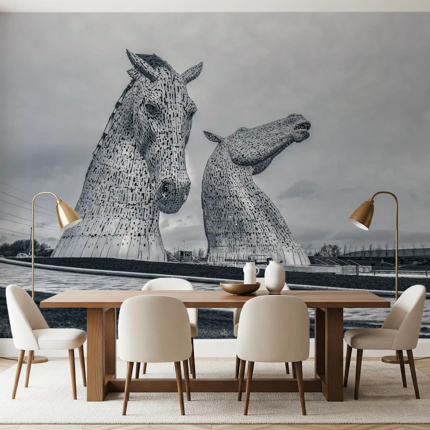 Metallic Horse Heads Architectural View Wall Mural