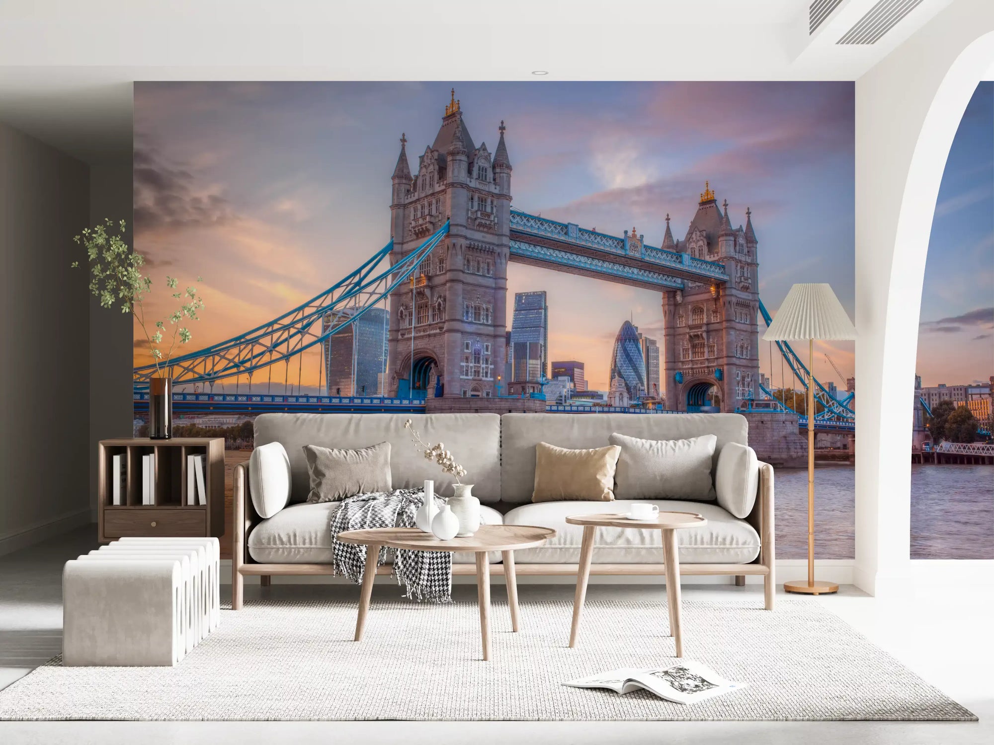 Victorian Gothic Bridge wall mural glowing over a calm living room at dusk GD11405