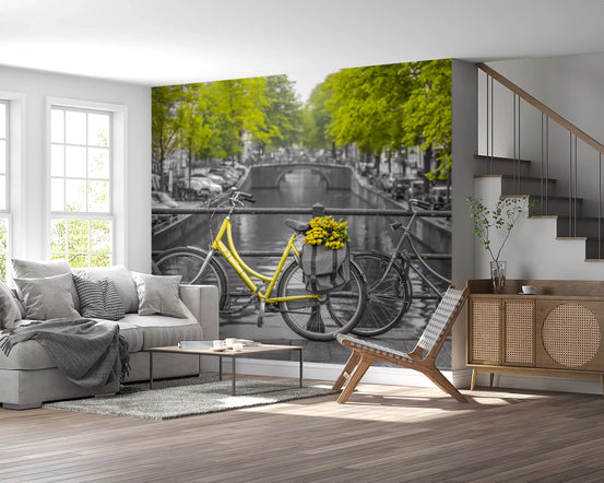 Golden tulips pop over a canal behind a living room, Dutch Bridge wall mural GD11414