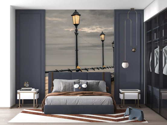 Rows of benches trail toward the sea, evening boardwalk wall mural GD11415