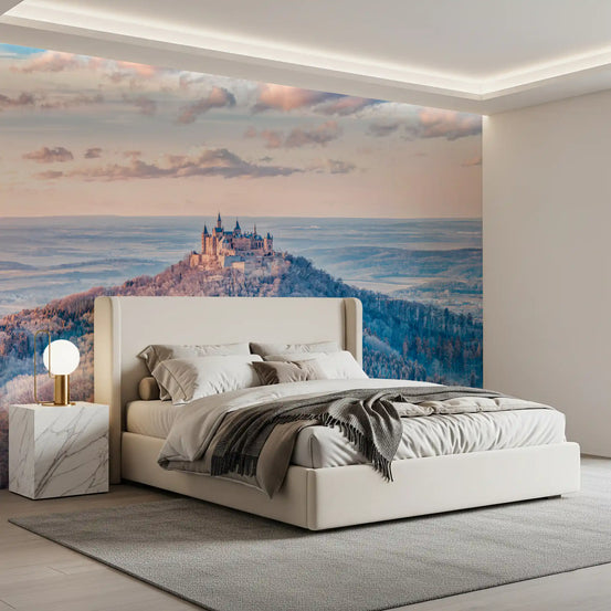 Misty mountain fortress glows behind a bedroom wall mural GD11417