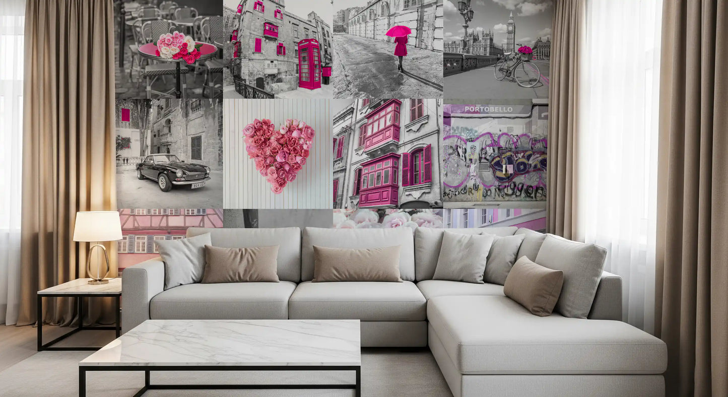 Monochrome Rose Cityscape Fusion Wall Mural