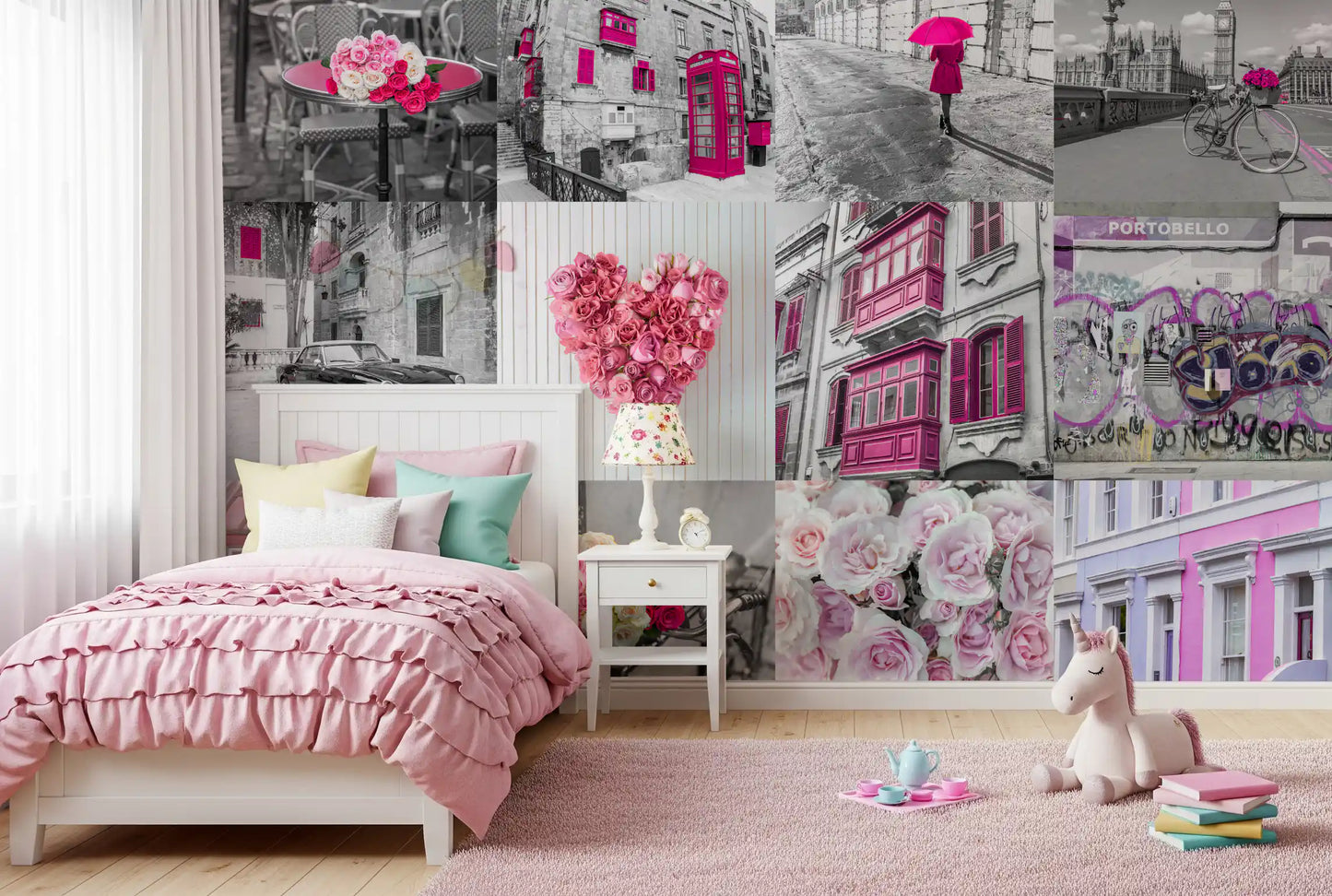 Monochrome Rose Cityscape Fusion Wall Mural