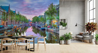 Twilight Amsterdam Canal Scene Wall Mural