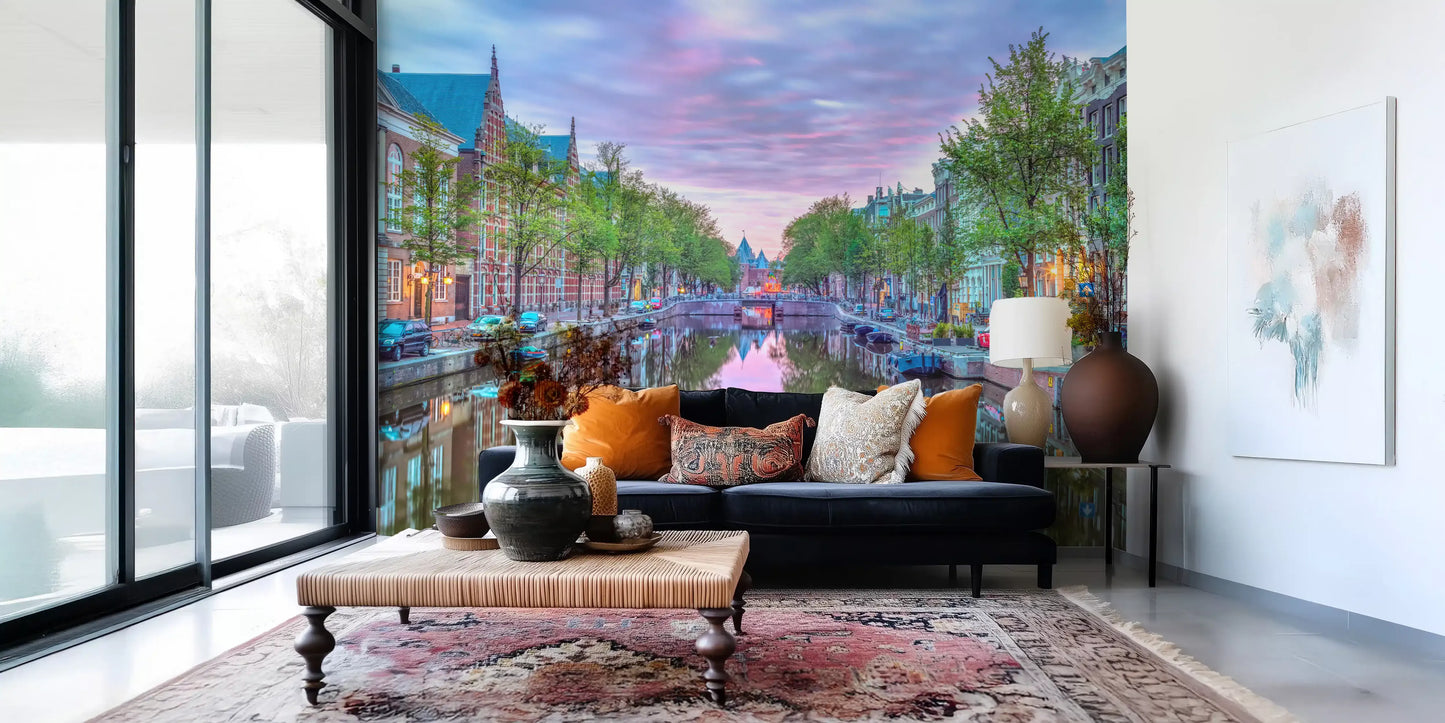 Twilight Amsterdam Canal Scene Wall Mural