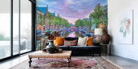 Twilight Amsterdam Canal Scene Wall Mural