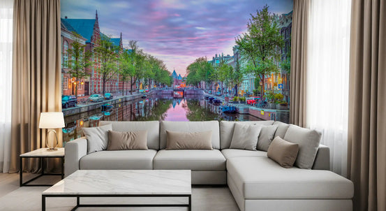 Twilight canal reflection glows behind a living room wall mural GD11421