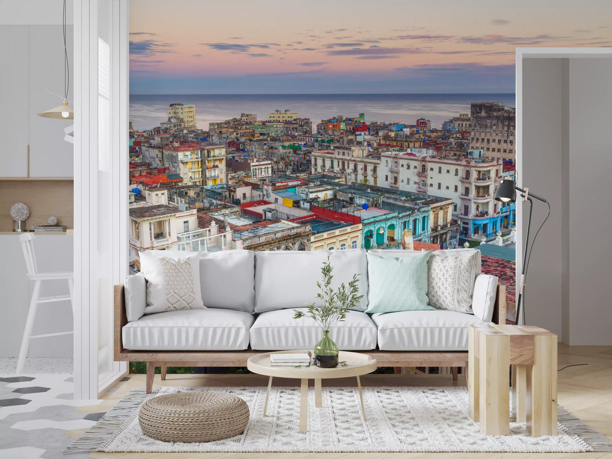 Havana rooftops glow at sunset behind a living room wall mural GD11423