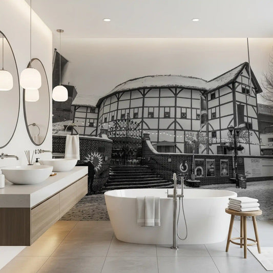 Snowy Tudor facade calming a bathroom on Classic Winter wall mural, GD11427