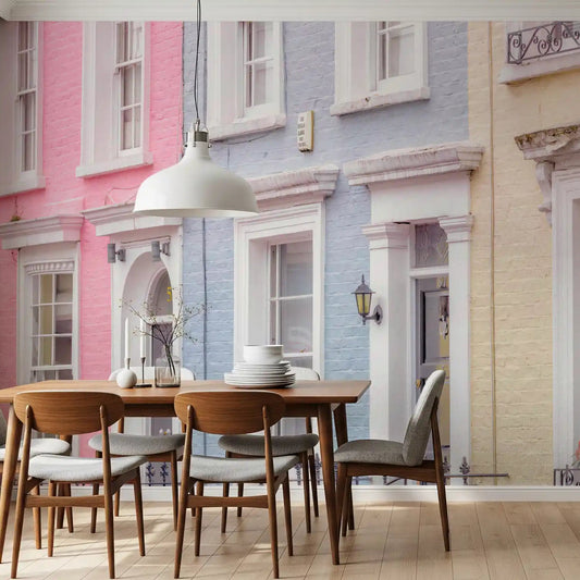 Painted pastel row calming a dining room in European Street wall mural, GD11431