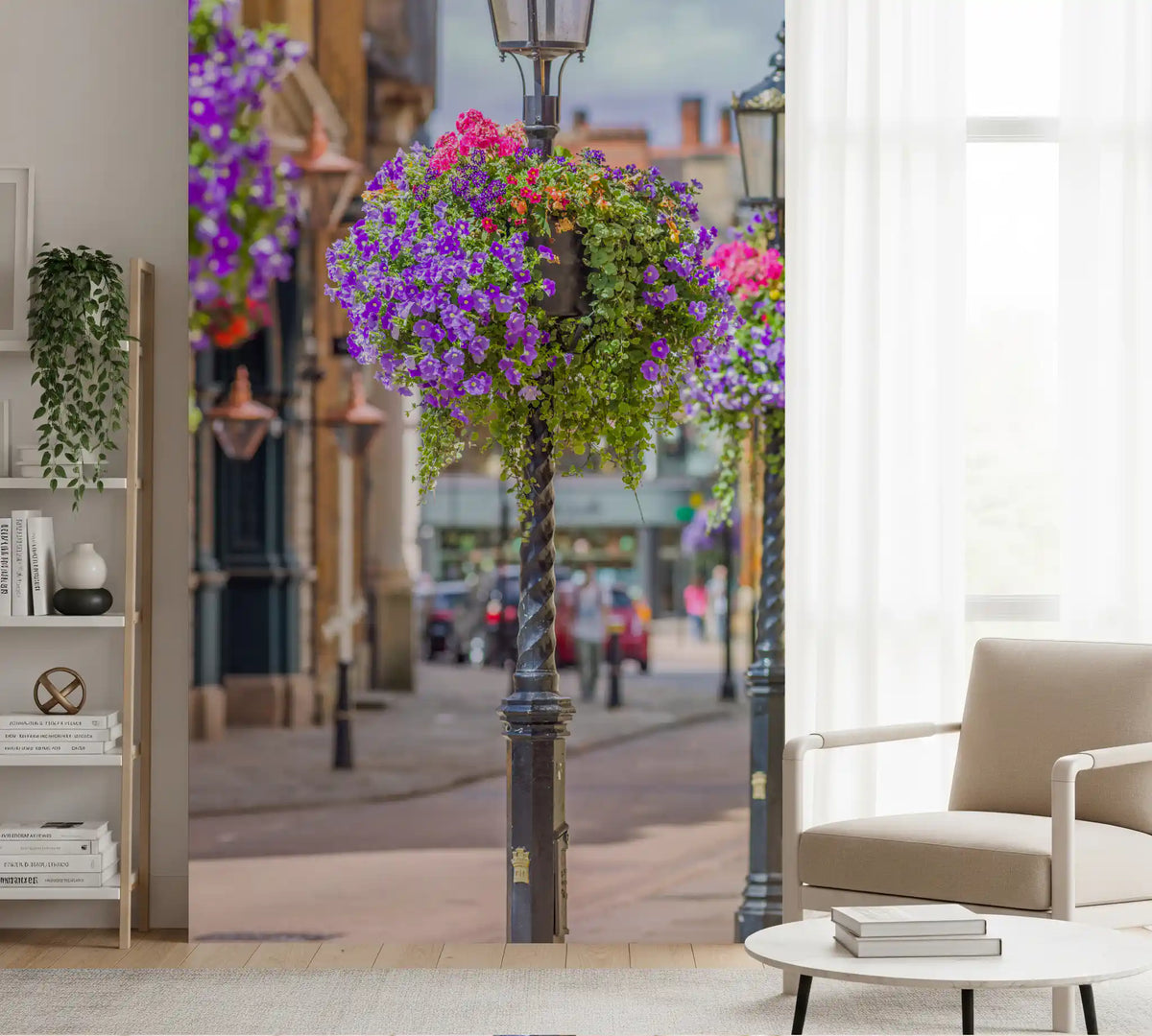 English Garden Street Vista wall mural opening a living room to a floral lane, GD11435