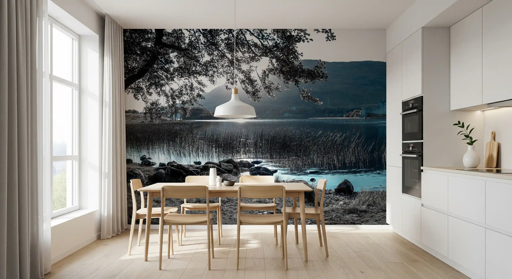 Misty Mountain Lake Retreat wall mural giving a dining room calm depth, GD11437