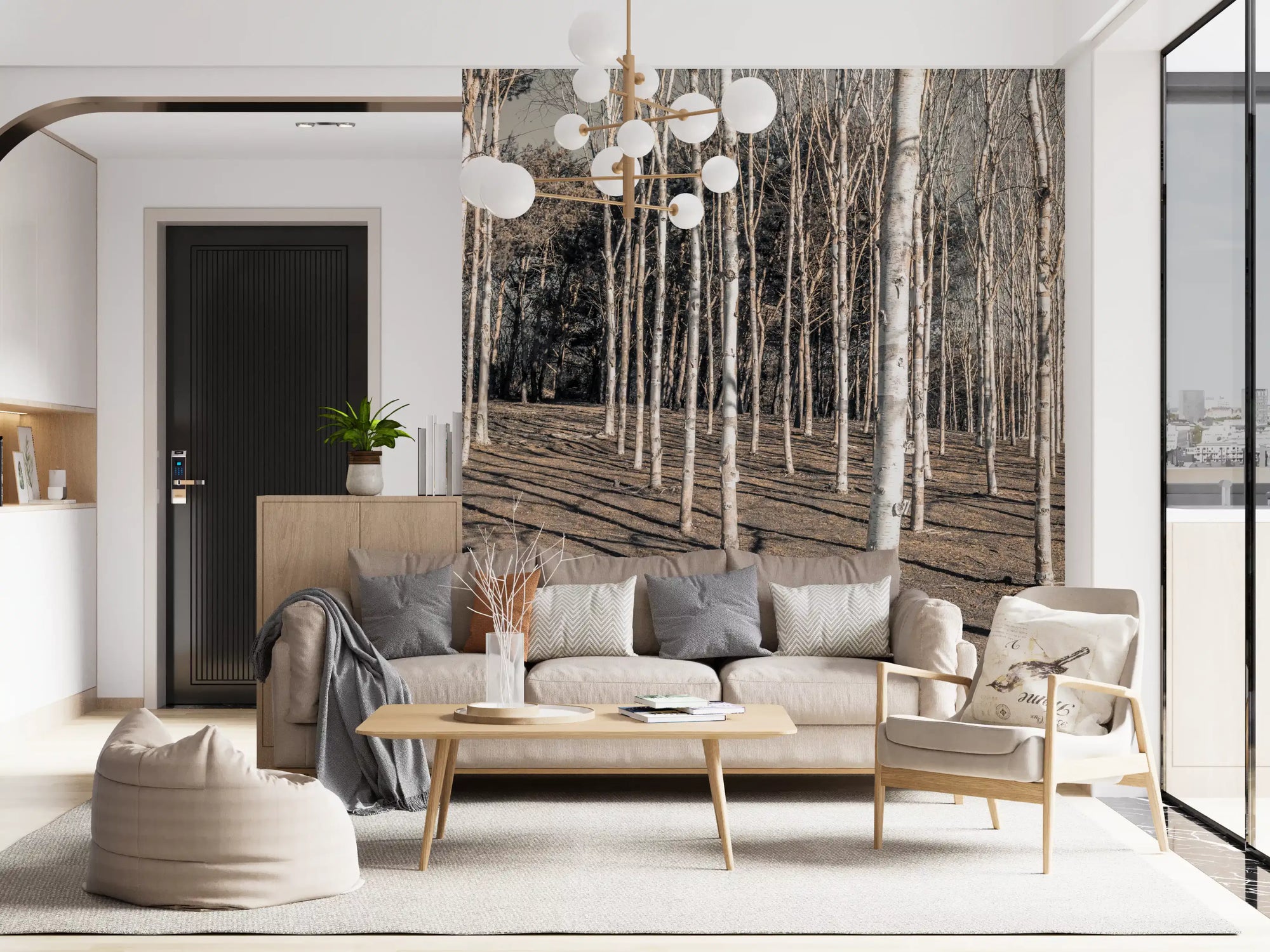 Birch woodland shadow wall mural set in a living room GD11440