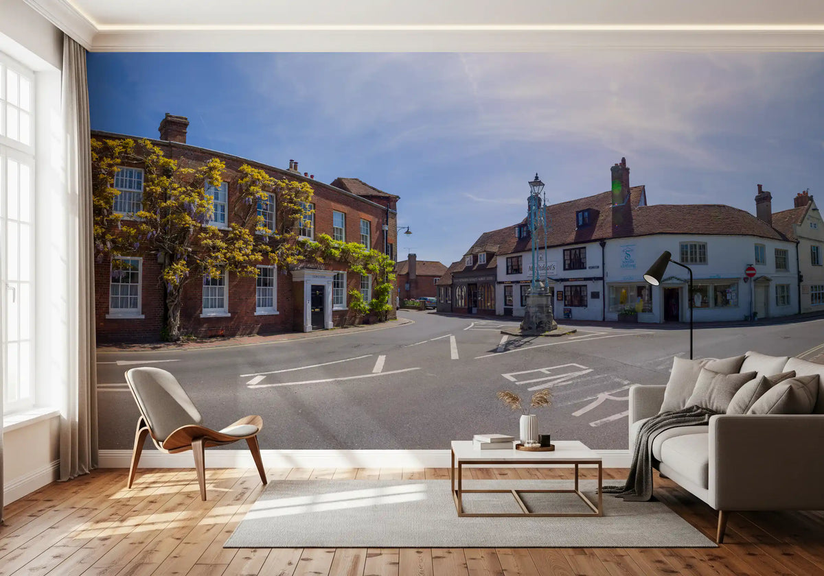 Historic village view wall mural set in a living room GD11442