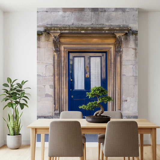Paneled navy door with frosted glass in this Stone Archway wall mural GD11443