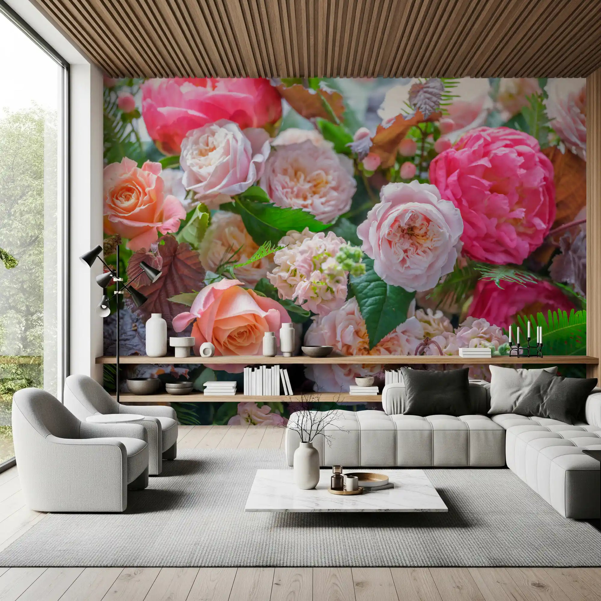 Peony and rose arrangement wall mural set in a living room GD11444