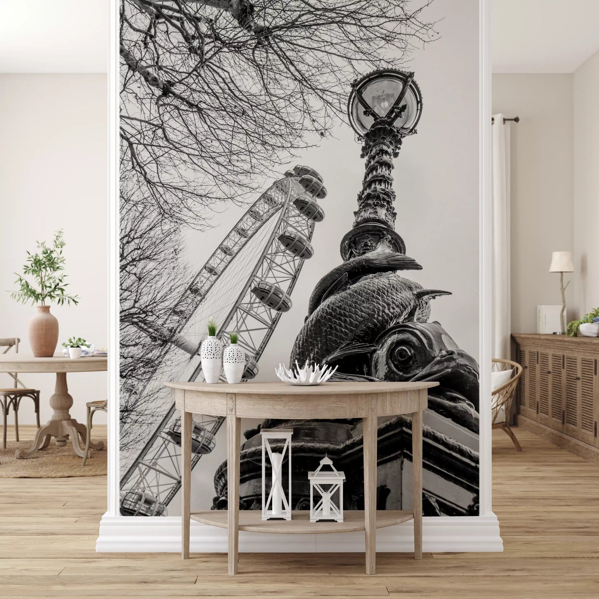 Looking up, an Observation Wheel and Lamppost wall mural lifts a dining room GD11451
