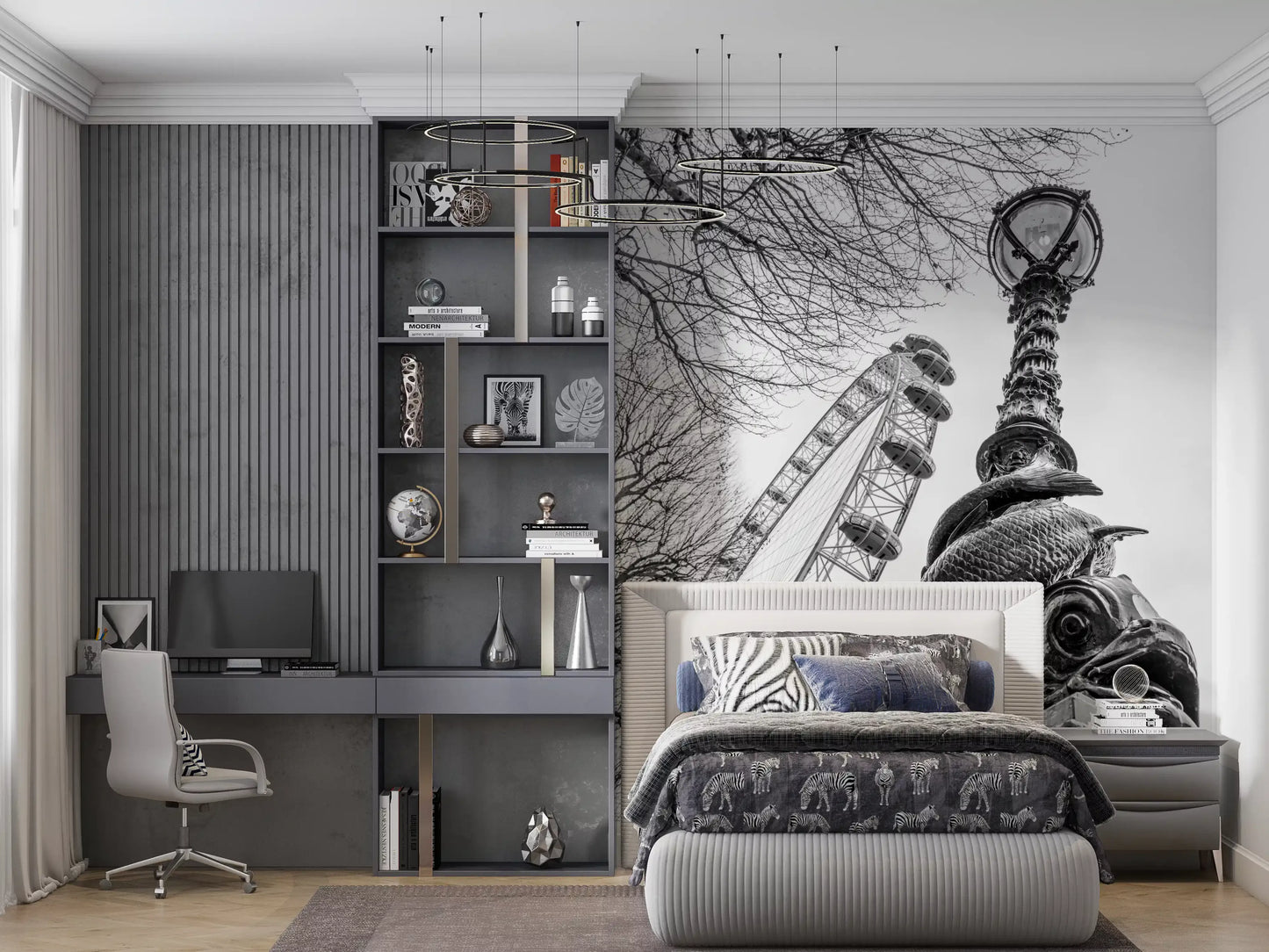 London Landmark Observation Wheel and Lamppost Wall Mural