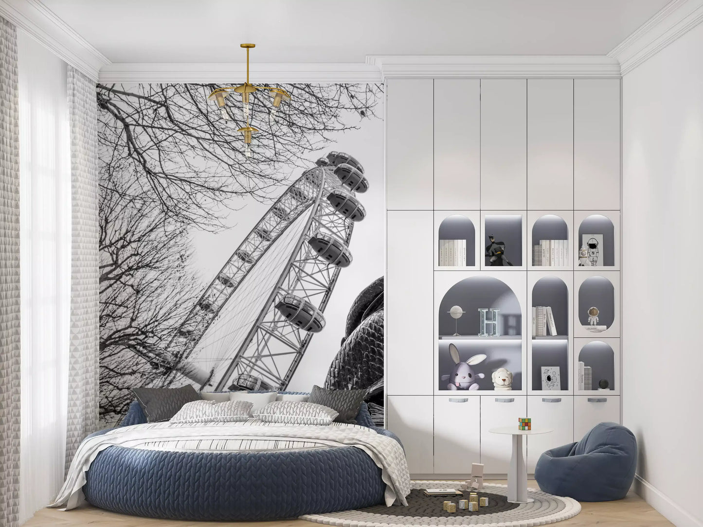 London Landmark Observation Wheel and Lamppost Wall Mural