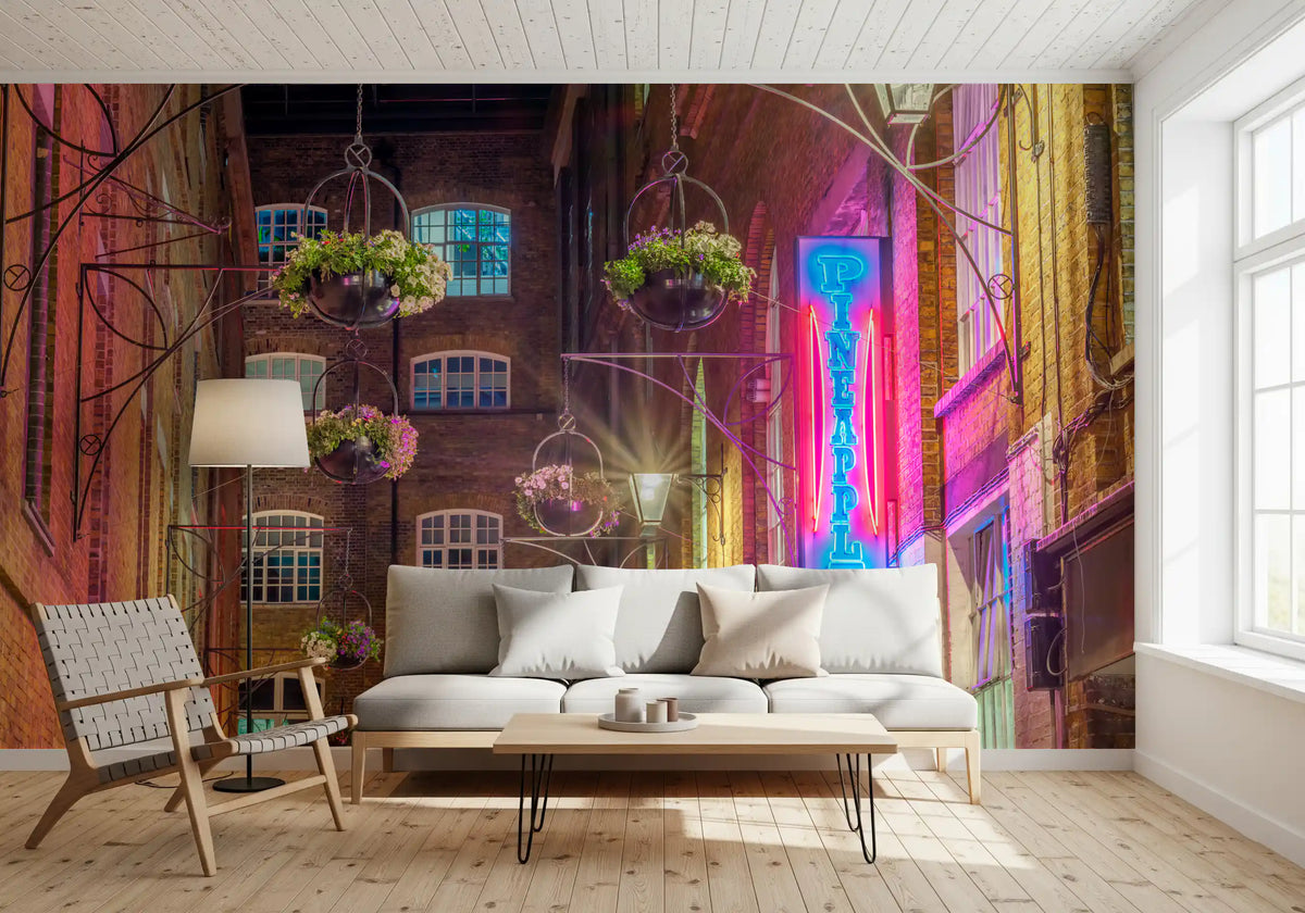 Industrial Night Bloom wall mural warming a living room in neon pink
