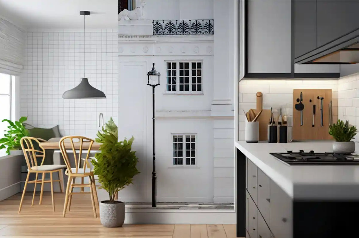 London facade wall mural dressing a dining room in clean monochrome GD11464