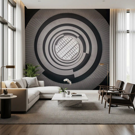 Wall mural in a spiralling skylight motif behind a living room in grey GD11465