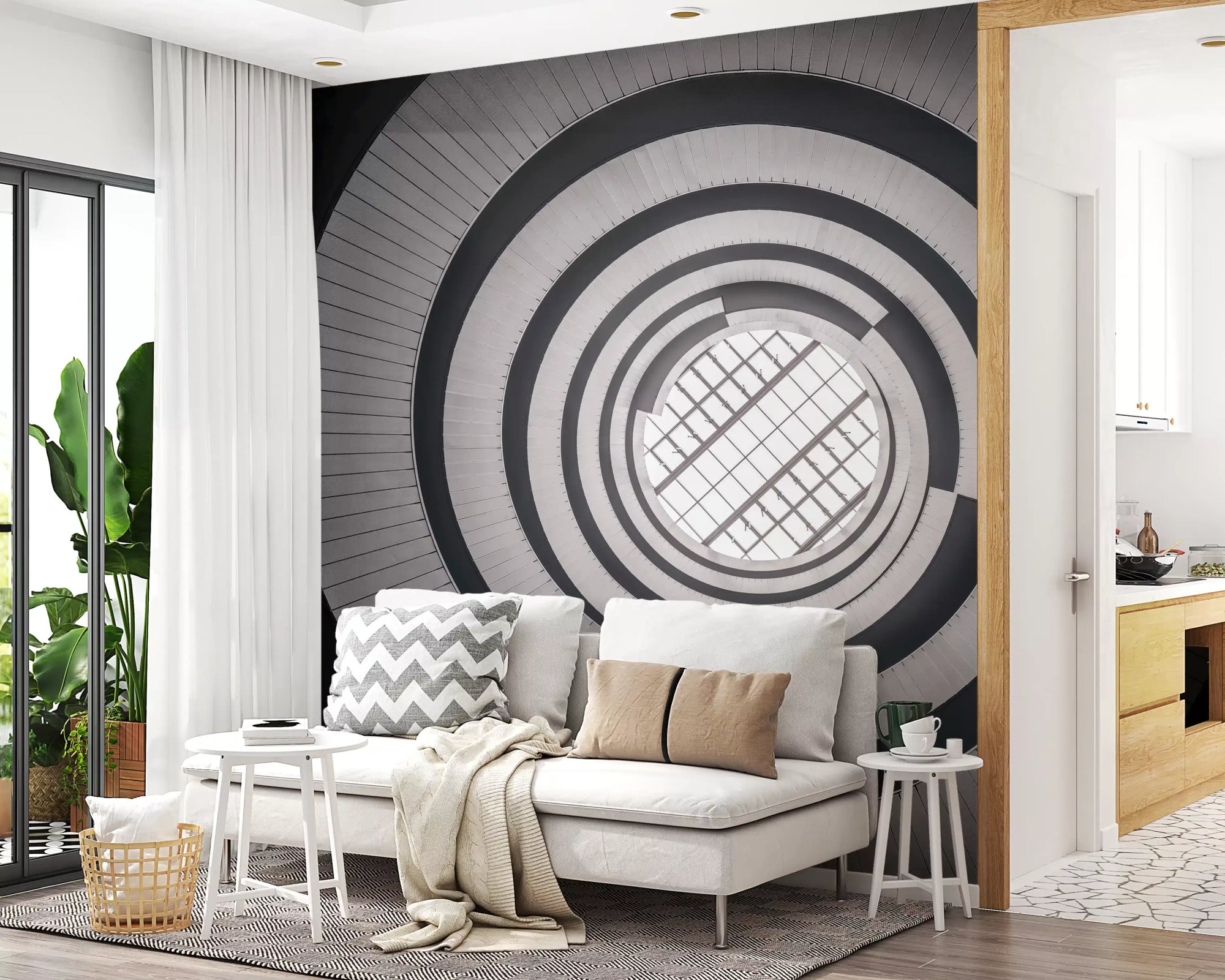 Monochrome concentric skylight wall mural facing a living room GD11465