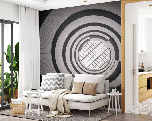Monochrome concentric skylight wall mural facing a living room GD11465