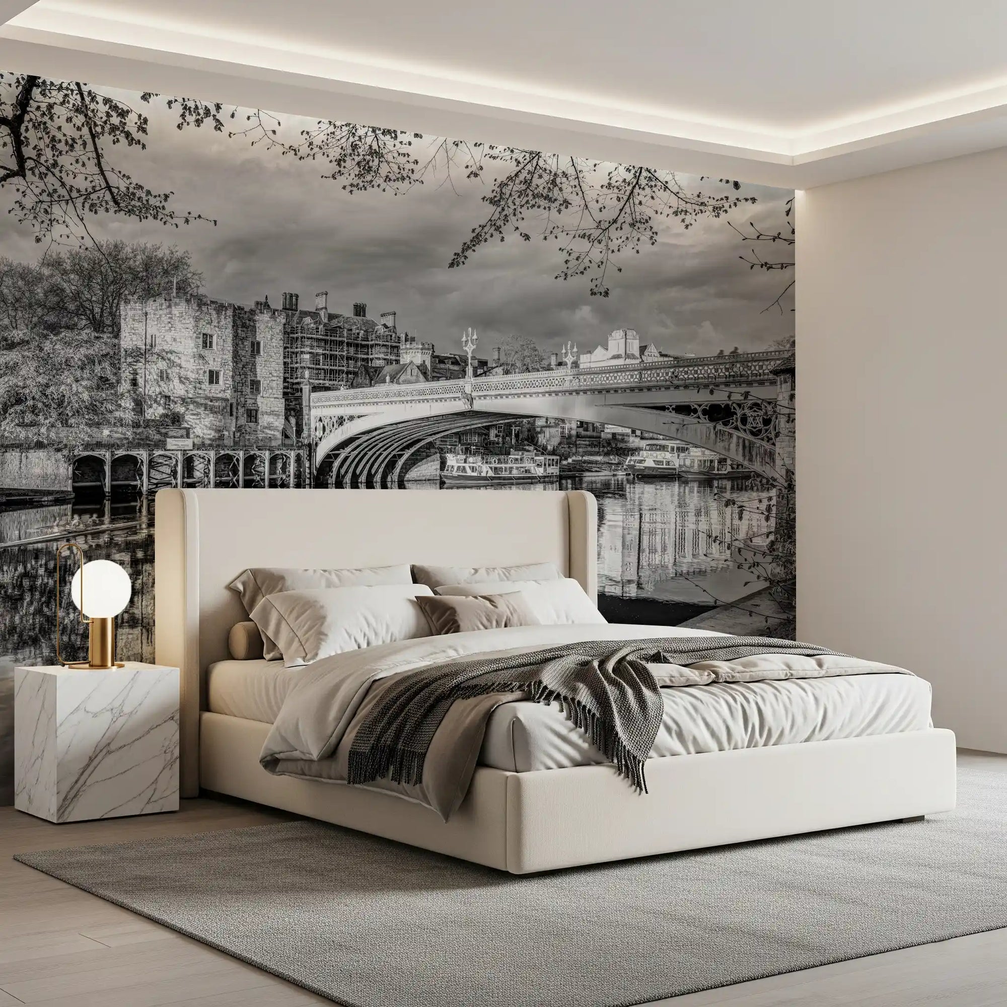 Bedroom set with a riverside heritage wall mural, monochrome bridge scene GD11467