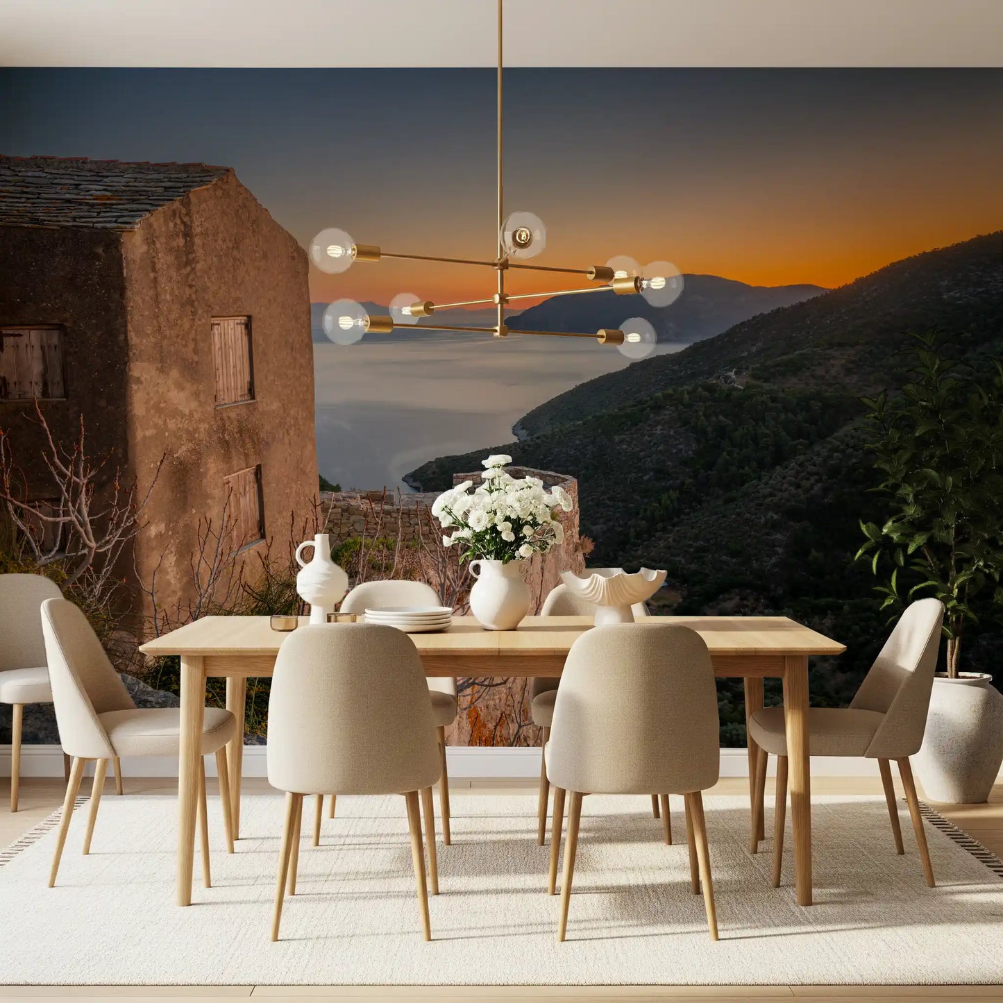 Rustic Stone Retreat at Golden Hour Wall Mural