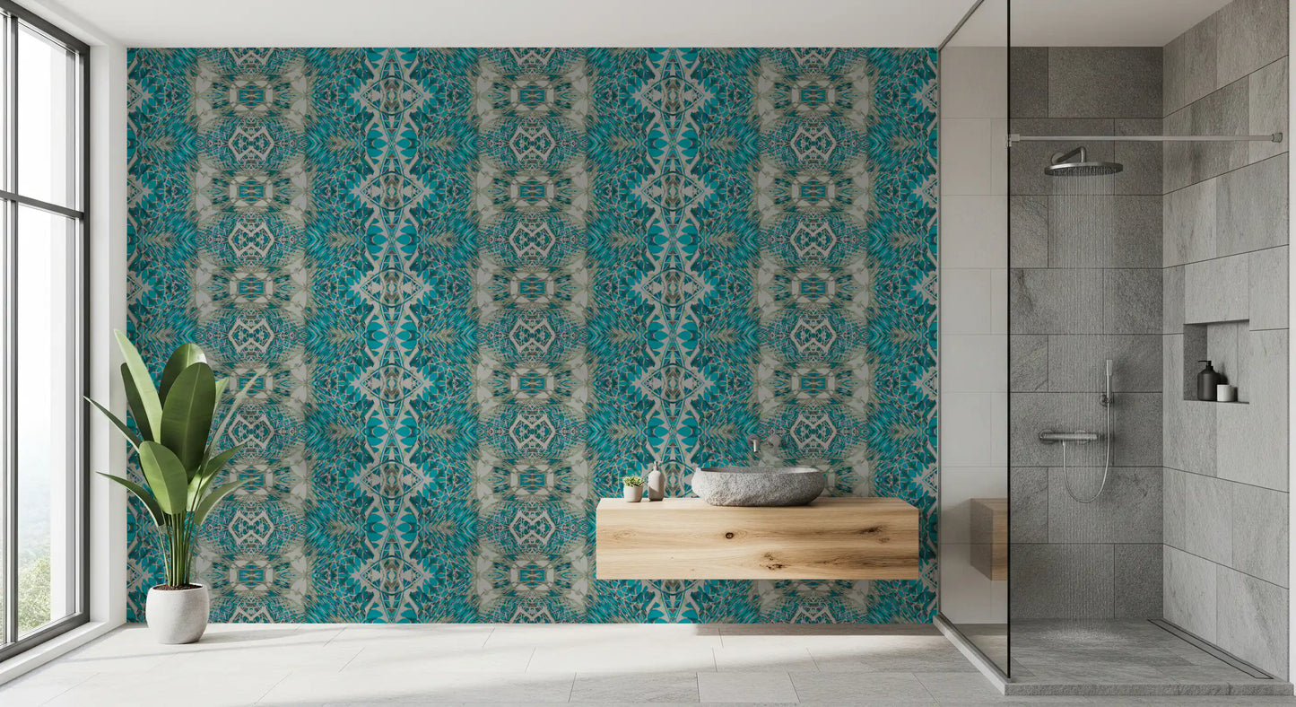 Teal & Gray Intricate Abstract Ornamental Wallpaper  -  AMBER DESIGN WALLPAPER