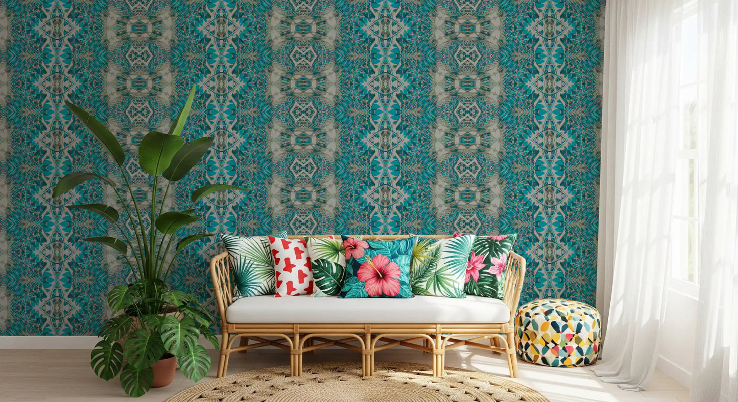 Teal & Gray Intricate Abstract Ornamental Wallpaper  -  AMBER DESIGN WALLPAPER