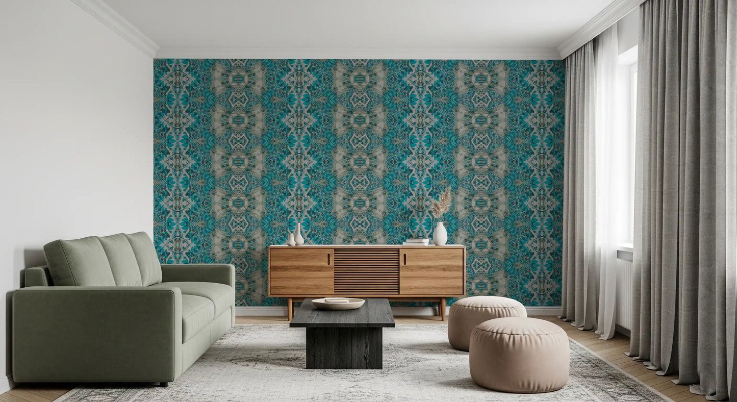Teal & Gray Intricate Abstract Ornamental Wallpaper  -  AMBER DESIGN WALLPAPER