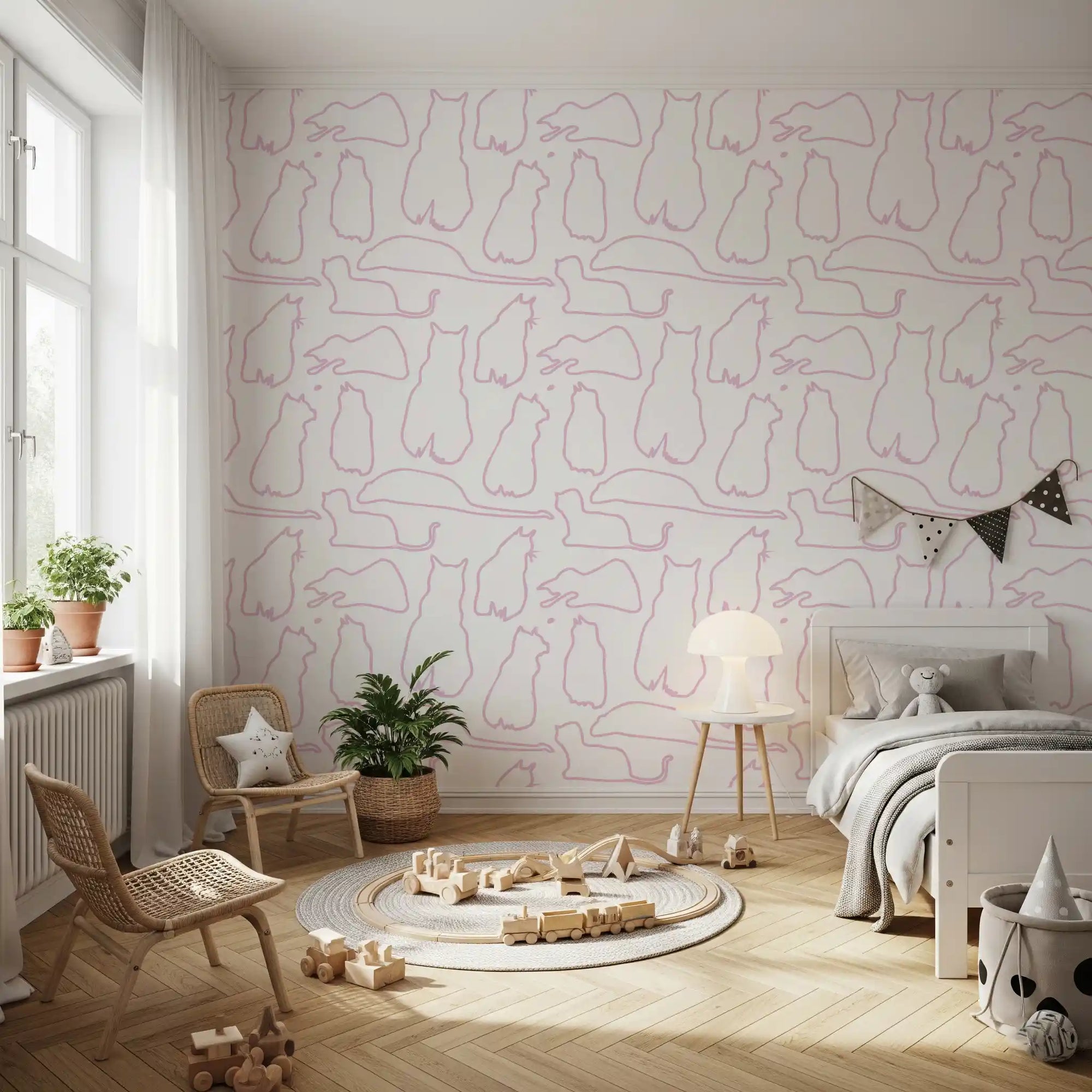 Berry-pink cat outlines wallpaper adding a sweet feature to a kids room GD11475
