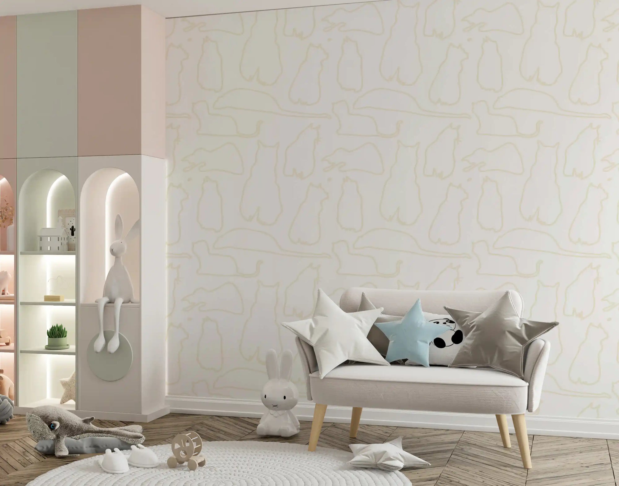 Ivory cats traced in one line warm a nursery on this cream wallpaper GD11476