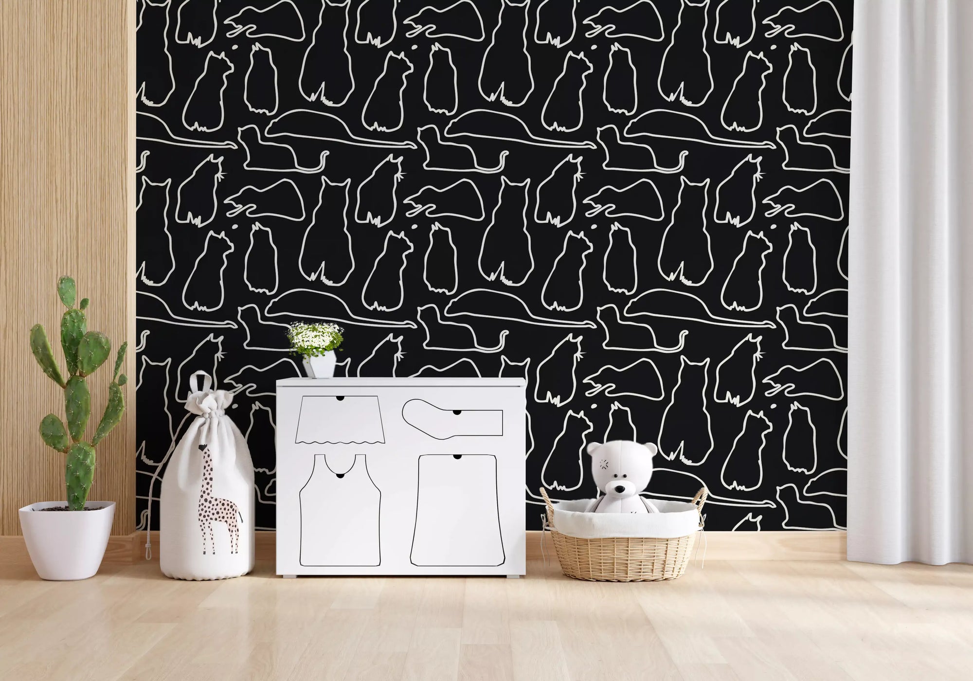 Black and cream cats on a wallpaper filling a playroom with graphic style GD11478