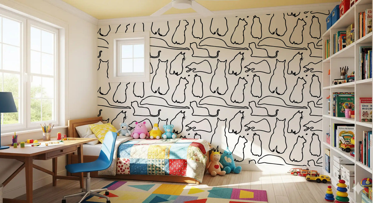 Clean black cat outlines on a white wallpaper brightening a kids' room GD11479